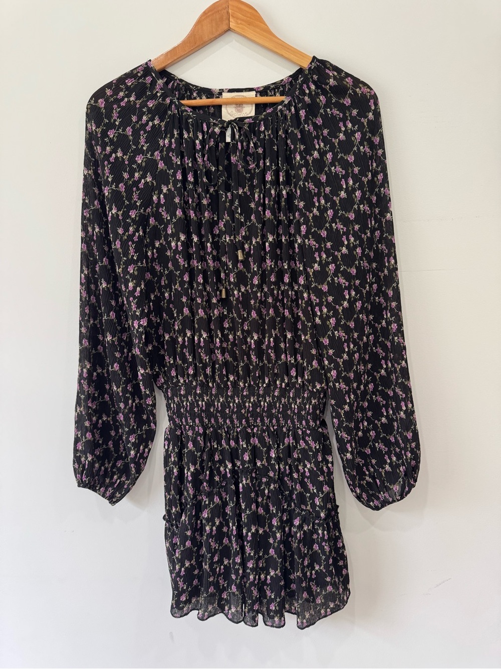 Black Long-Sleeve Floral Smocked Waist Dress - Purple Floral